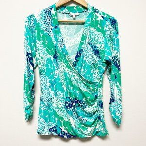 CAbi Printed Surplice Rushed Sleeve Rayon Blend Top Blue Green